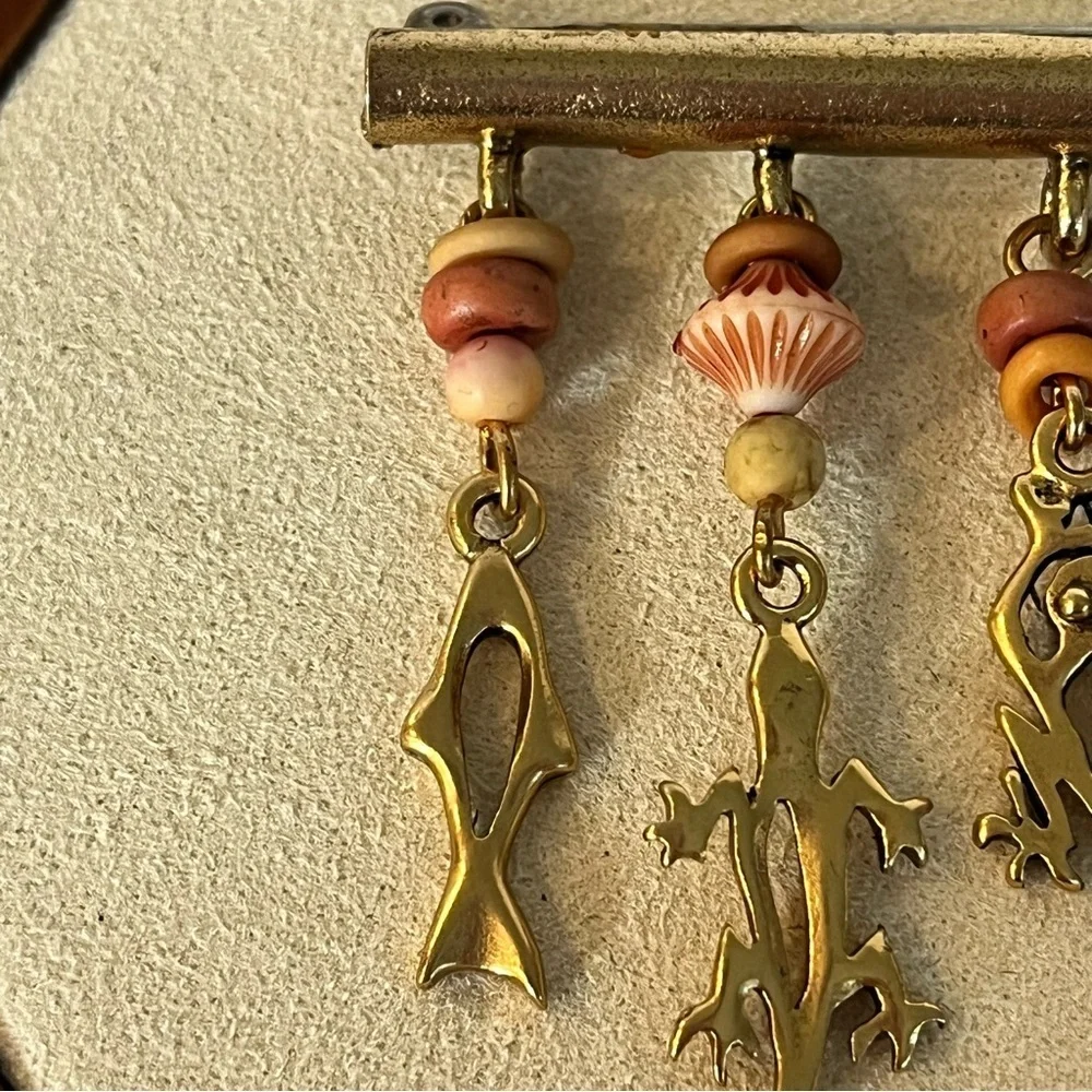 Vintage Gold Charm Brooch with Animal Pendants